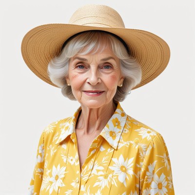 Elderly woman in a stylish hat smiling warmly outdoors