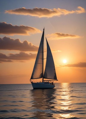 Sailboat gliding across calm waters at sunset