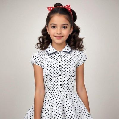 Cute girl in polka dot dress with red bow hairstyle