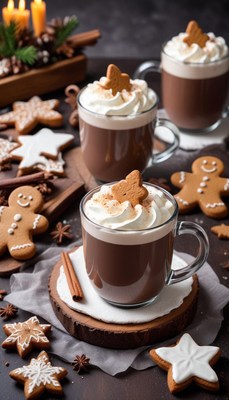 Cozy holiday drinks with gingerbread cookies on a table