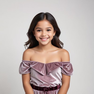Young girl smiles while wearing a stylish velvet dress