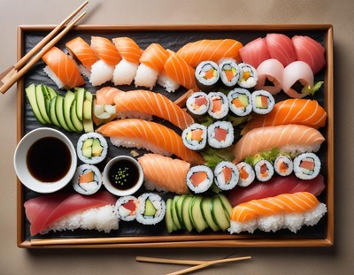 Sushi platter with variety of rolls and fresh fish