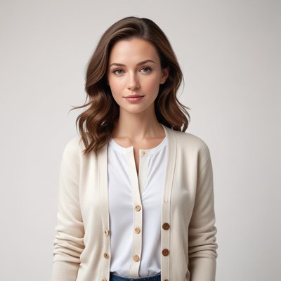Woman in cardigan and blouse on neutral backdrop