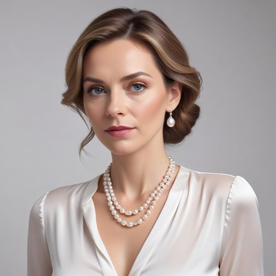Elegant woman modeling pearl jewelry with soft lighting