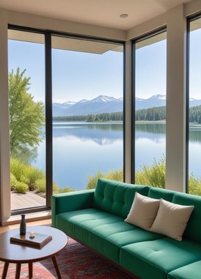Stylish living room with lake view in the mountains