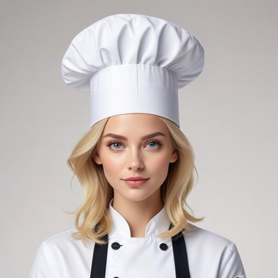 Chef wearing traditional hat and uniform in kitchen setting