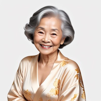 Smiling elderly woman wearing a silk robe indoors