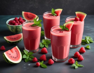 Refreshing watermelon and raspberry smoothie setup at home