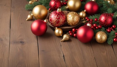 Colorful ornaments and pine branches create a festive scene