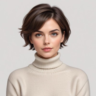 Woman with short hair wearing a turtle neck sweater