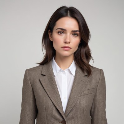 Professional woman in tailored suit posing confidently