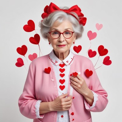 Senior woman in heart-themed attire for a celebration