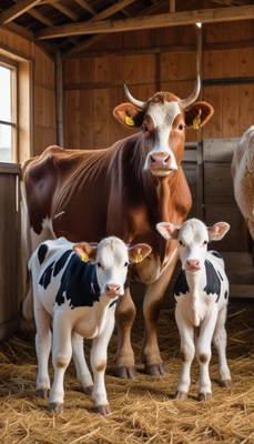 Cows and their calves in a cozy barn setting at sunrise