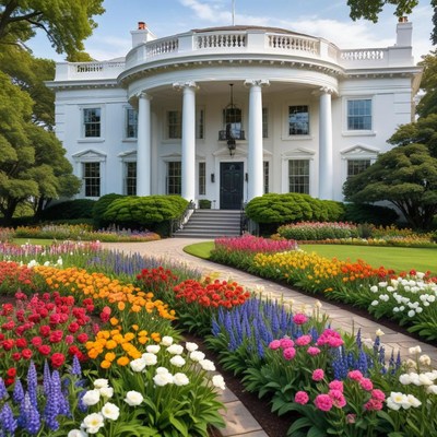 Bright flowers bloom in front of an elegant mansion