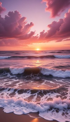 Vibrant sunset over the ocean with rolling waves