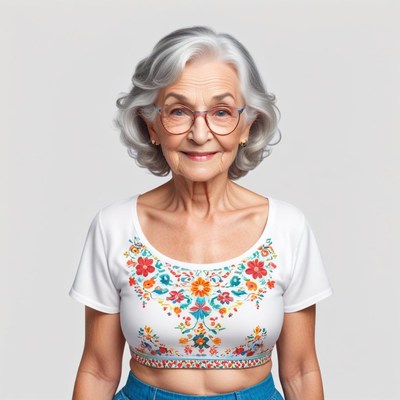 Elderly woman with gray hair wearing a colorful top