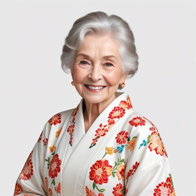 Smiling elderly woman in colorful kimono with floral design