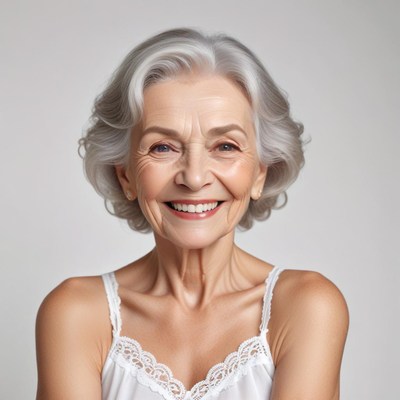 Joyful senior woman with gray hair smiles warmly indoors