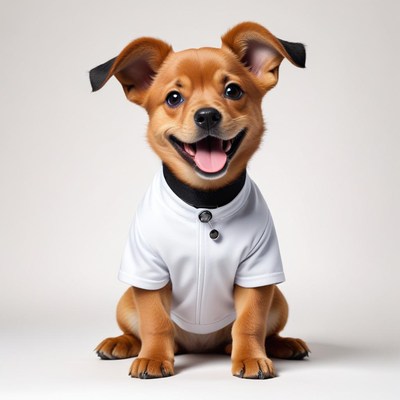 Cute puppy in stylish outfit smiling in studio setting