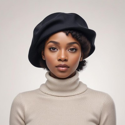 Woman with a black beret and turtleneck in studio setting
