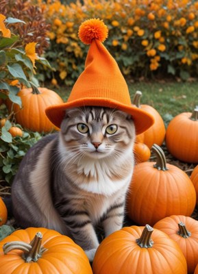 Cat in orange hat surrounded by pumpkins at autumn festival