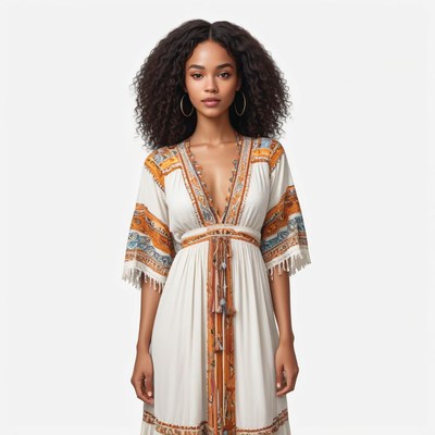 Woman in stylish dress with intricate patterns