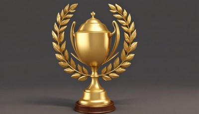 Golden trophy with laurel leaves on dark background