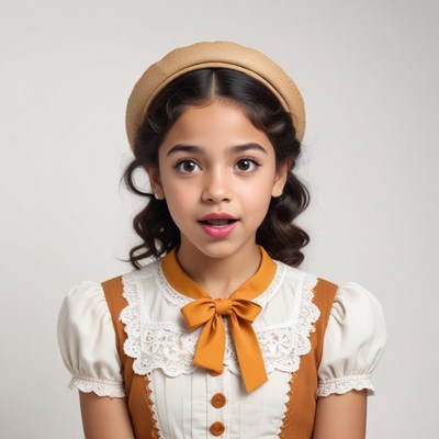 Young girl in vintage attire with surprised expression