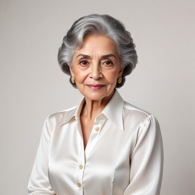 Elegant elderly woman with silver hair in satin blouse