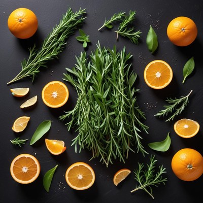 Herbs and oranges on a dark backdrop