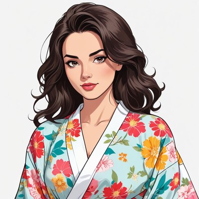 Woman wearing floral kimono poses confidently indoors
