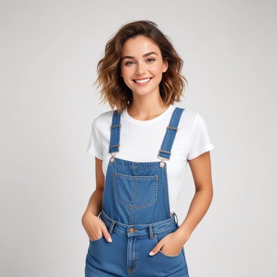 Smiling woman in denim overalls posing confidently indoors
