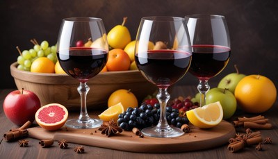 Rich red wine with fresh fruits on a wooden table
