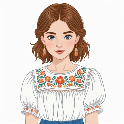 Woman in bright floral traditional blouse