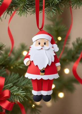 Colorful santa decoration hangs on a festive tree