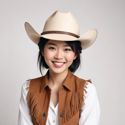 Smiling woman with cowboy hat and vest in neutral background