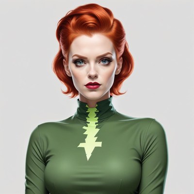 Woman in green dress with distinct neckline and red hair