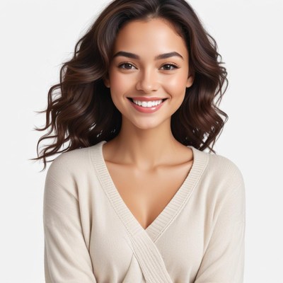 Smiling woman with wavy hair in a cozy sweater