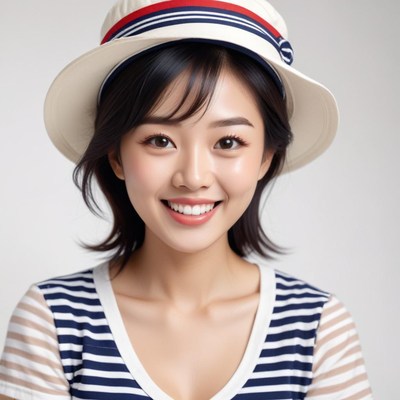 Cheerful woman in a stylish hat on a plain background