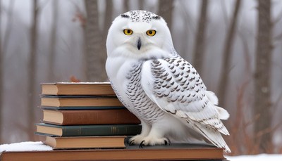 Snowy owl perched on stacked books in winter setting
