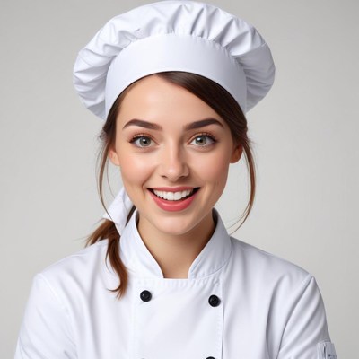 Young chef smiling in professional kitchen attire