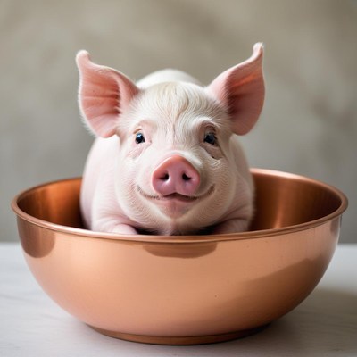 Cute piglet relaxing in a shiny bowl