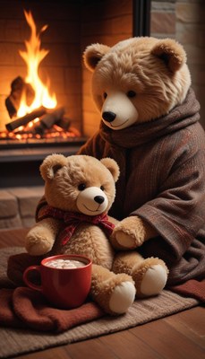Cozy evening by the fireplace with teddy bears