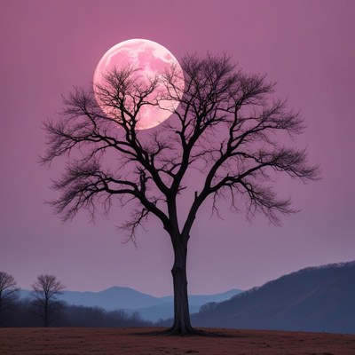 Night sky with a large moon behind a bare tree