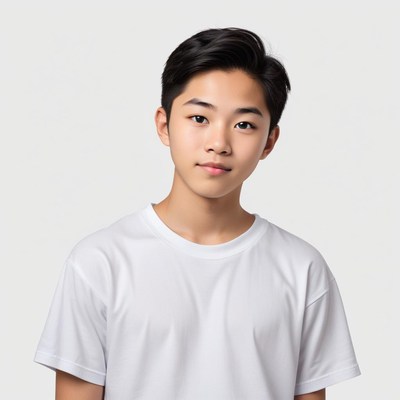 Young boy with short black hair in a simple white shirt