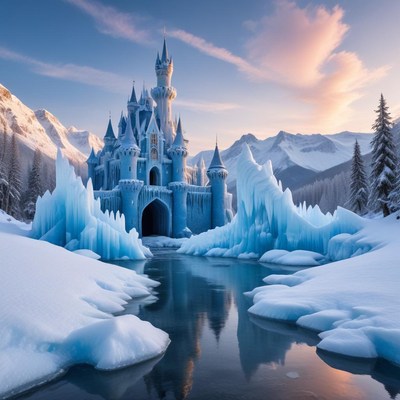 Beautiful ice castle in a snowy mountain landscape