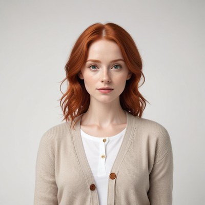 Red-haired woman in cardigan poses confidently
