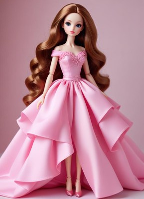 Elegant doll in pink dress poses against soft background