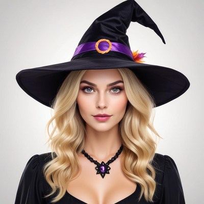 Elegant witch in black hat and necklace for halloween