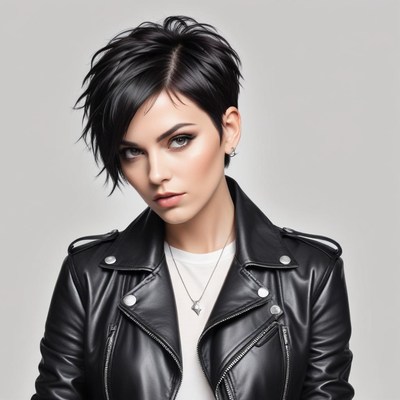 Stylish woman with short black hair in edgy leather jacket